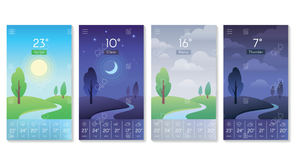 منظره‌ای برای اپلیکیشن هواشناسی: آسمان زیبای روز با خورشید، ماه و ابرها. پس‌زمینه صبحگاهی و روز برای صفحه‌نمایش موبایل، طرح برداری جذاب