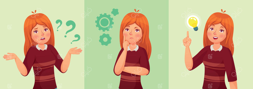 دختر نوجوان در حال تفکر: دختر دانش‌آموز جوان و گیج در حال پاسخ به پرسش (تصویرسازی کارتونی)