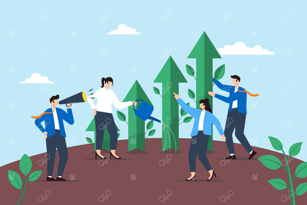 پرورش رشد بازار، تقویت استراتژی‌های تجاری، موفقیت مبتنی بر داده، مفهوم برنامه‌ریزی همکاری. تیم تحلیل‌گران در حال کاشت و آبیاری باغچه‌ای از نمودارهای رشد صعودی