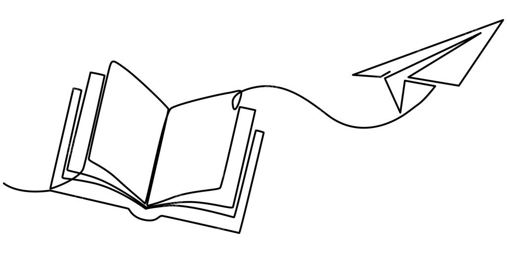 کتاب با هواپیمای کاغذی در حال پرواز - کشیده شده با یک خط، نماد خطی آموزش، وکتور ایلستریشن