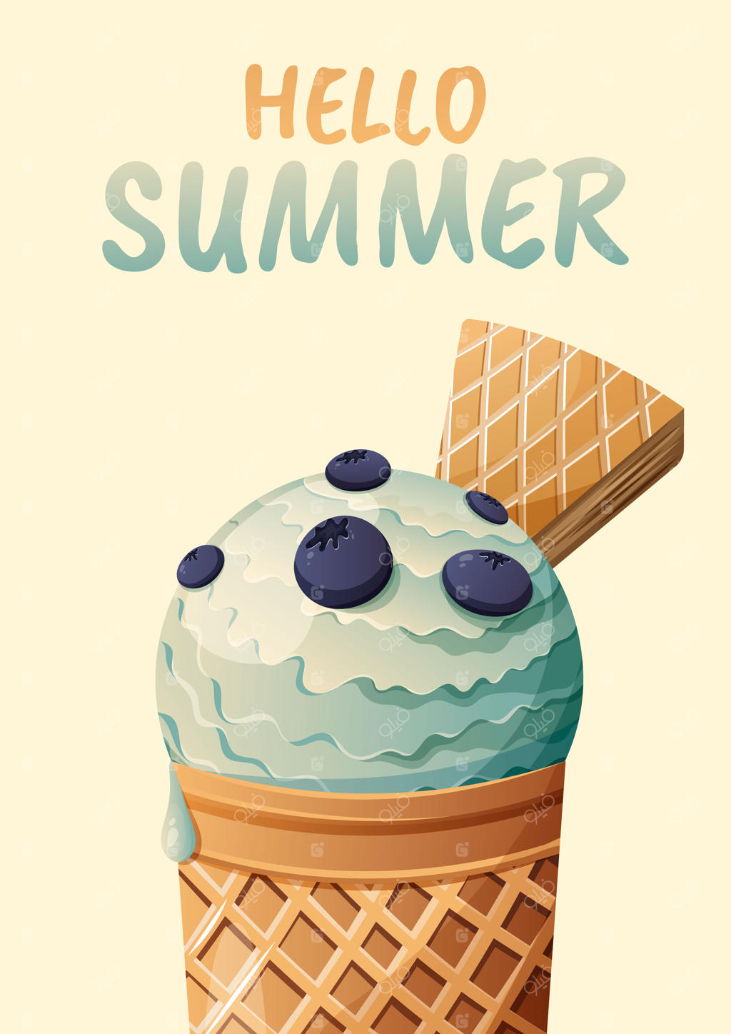 کارت سلام تابستان با بستنی در نان قیفی و بلوبری‌های تازه - تصویر برداری وکتور