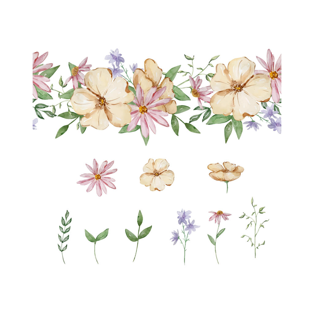 مرز یکپارچه با گل‌ها و برگ‌های آبرنگی باغچه