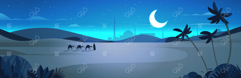 تصویرسازی کاروان شتر در کویر شبانه، طرح کارت تبریک عید مبارک و قالب رمضان کریم با منظره عربی
