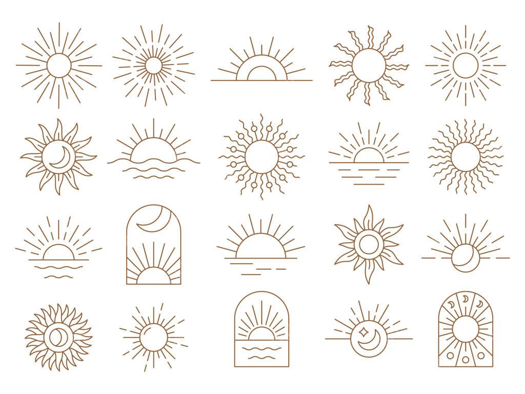 وکتور لوگو و آیکون‌های یوگا و بوهو با طرح خورشید، ماه و غروب، عناصر خطی آسمانی، نمادهای جادویی و عرفانی زودیاک و چشم، رنگین‌کمان خطی و لوگوتایپ‌های انتزاعی، شیک و مینیمال طلایی