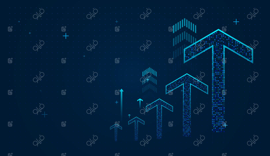 فلش‌های آبی تیره روی پس‌زمینه گرادینت که به سمت بالا اشاره می‌کنند، نمادی از رشد پیوسته یا موفقیت فزاینده در طول زمان. تصویرسازی