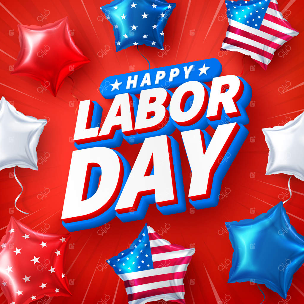 قالب پوستر روز کارگر آمریکا - جشن روز کارگر با بادکنک‌ها و پرچم آمریکا