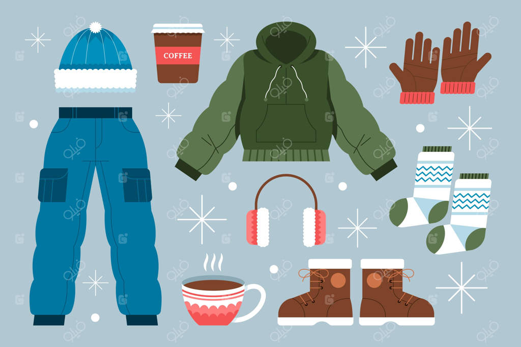 مجموعه پوشاک و لوازم ضروری زمستانی با طراحی دستی