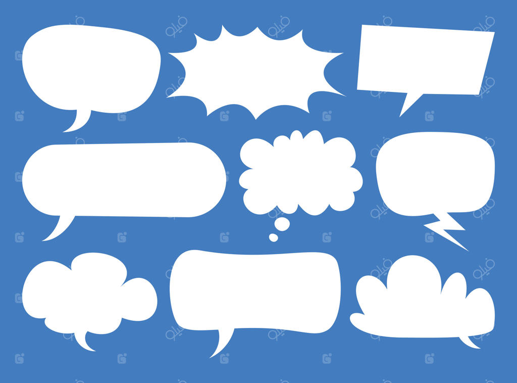 مجموعه‌ای از انواع حباب‌های گفتار و فکر خالی. حباب‌های متن خالی، جعبه پیام، جعبه گفتگو. تصویر کارتونی