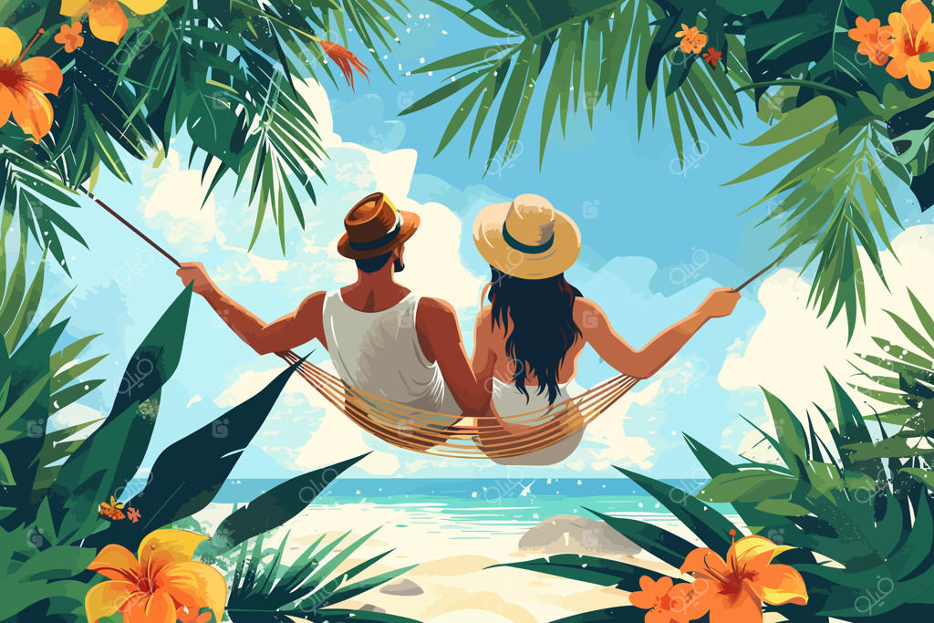 زوجی در حال استراحت در ننو در باغی گرمسیری با برگ‌های سبز زنده و محیطی آرام. تصویر تخت