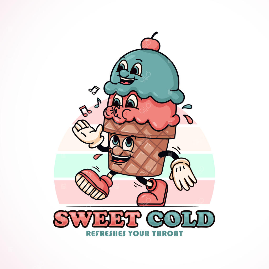 بستنی شاد در حال قدم زدن. مناسب برای لوگوها، نمادها، تیشرت‌ها، برچسب‌ها و پوسترها