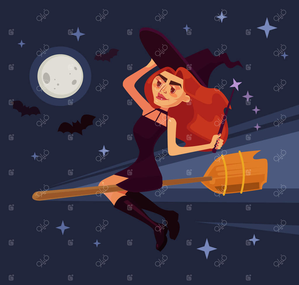 تصویر کارتونی تخت شخصیت زن جادوگر شیطانی در حال پرواز با جاروب