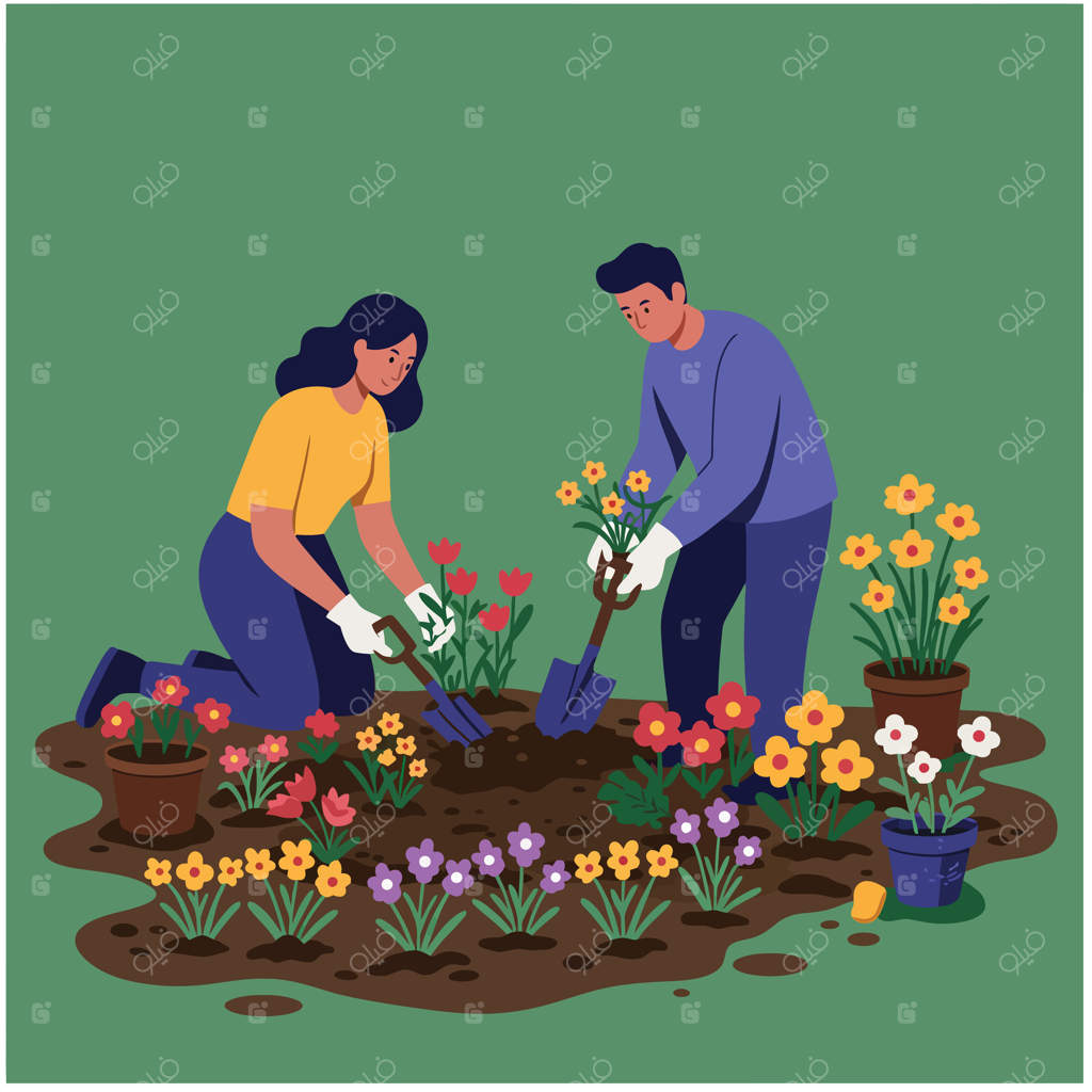 زوجی که باهم باغبانی می‌کنند و گل‌های رنگارنگ در بهار می‌کارند؛ فعالیتی در باغ در فضای سبز