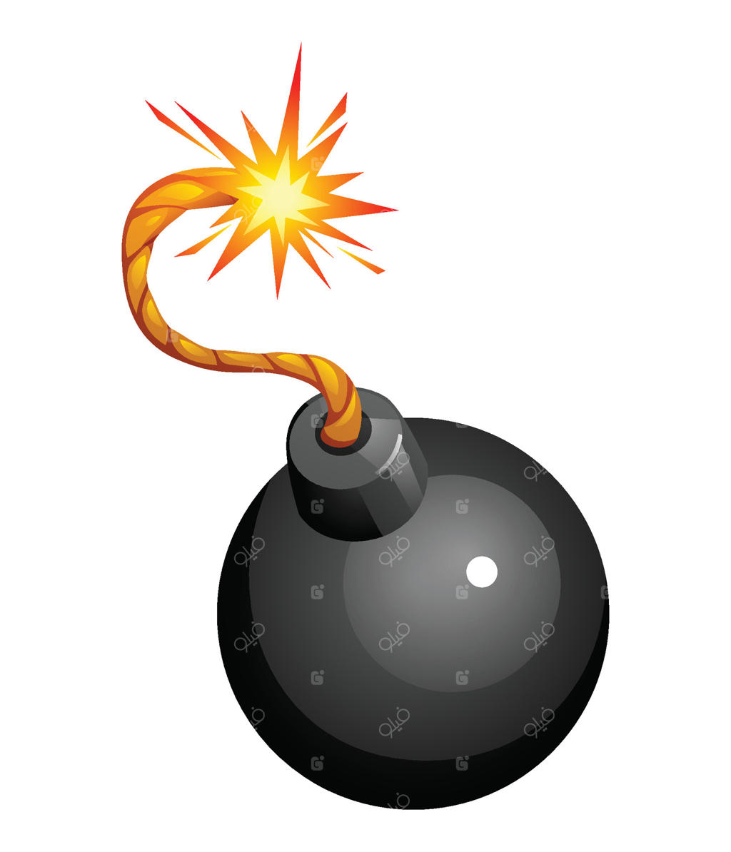 بمب گرد کلاسیک با فتيله‌ای روشن و جرقه‌زده، آماده انفجار. تصویر کارتونی