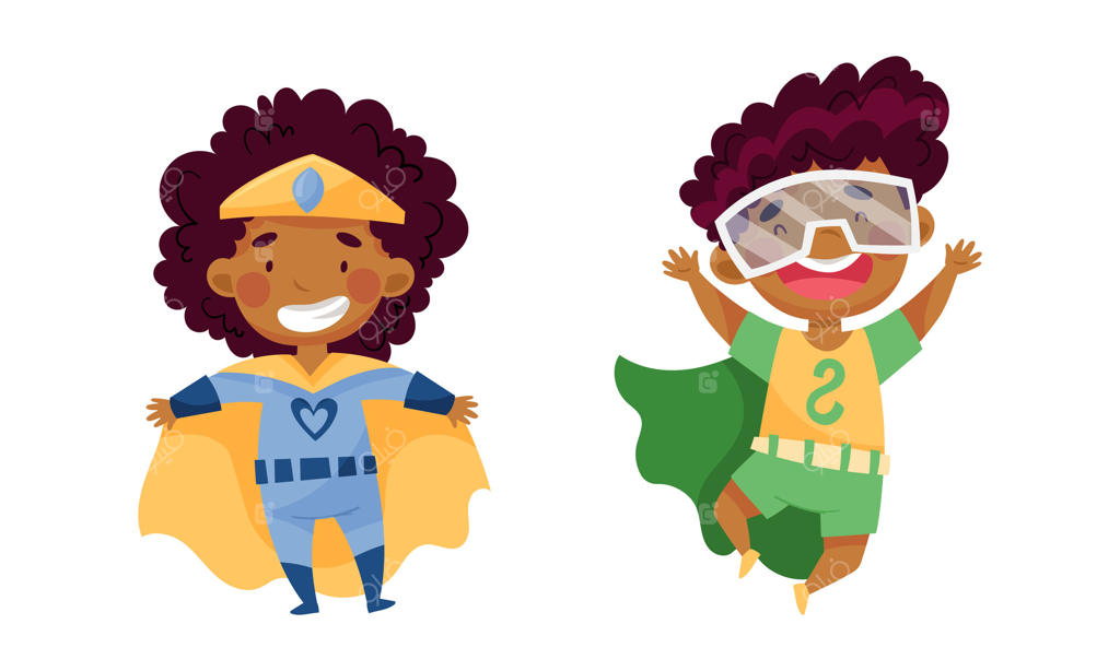 تصویرسازی کارتونی دختر و پسر شاد آفریقایی-آمریکایی با لباس‌های ابرقهرمانی رنگارنگ در حال تفریح در کارناوال یا جشن تولد