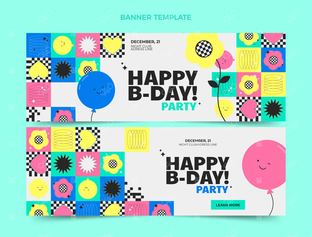 بنرهای افقی موزاییکی با طراحی تخت برای تولد