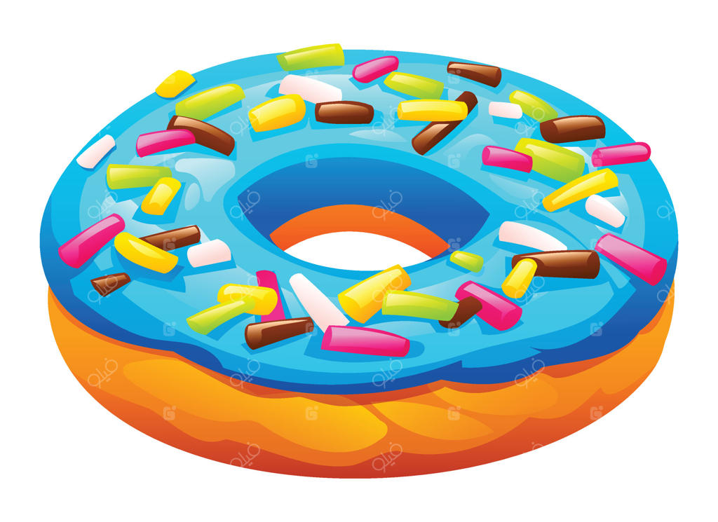 تصویر کارتونی دونات زغال‌اخته‌ای شیرین با لعاب براق و تزیین شده با پاشنه‌های رنگارنگ در زمینه سفید