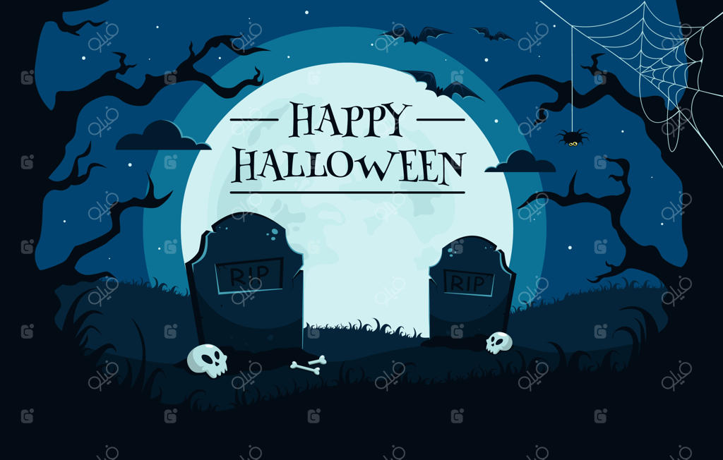 پس‌زمینه هالووین شاد با قبرستان، جمجمه‌ها، ماه کامل، درختان و خفاش‌ها.