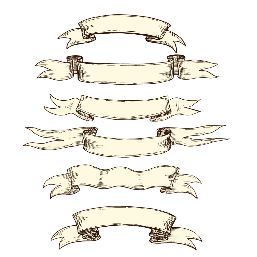 شش روبان رنگی قدیمی، سبک رترو، با پیچ و تاب و چین‌خوردگی. تصویرسازی دستی وکتور.