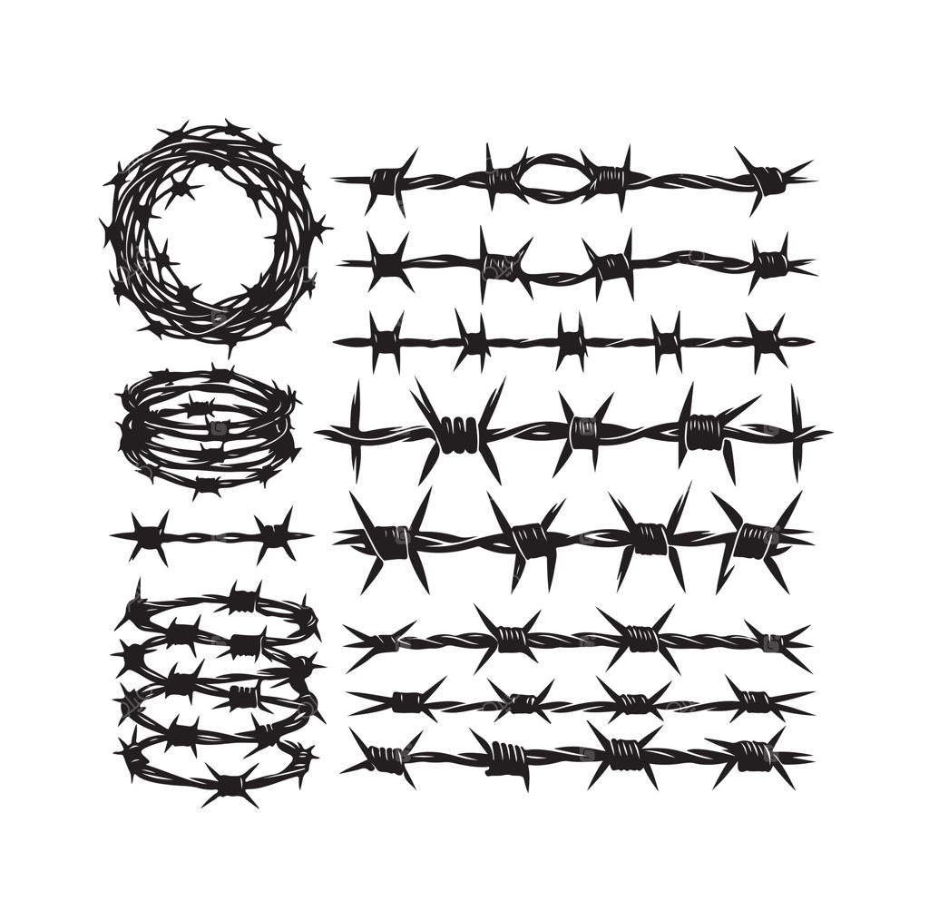 سیم خاردار روی پس‌زمینه سفید. سیم تیغ‌دار با سبک مینیمال و هندسی. مجموعه حصار زندان. تصویرسازی مناسب برای طراحی وب