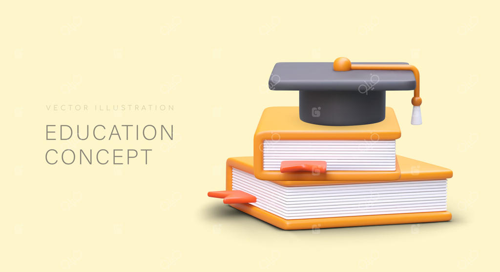 طرح مفهومی آموزش؛ پوستر با تصویرسازی سه‌بعدی از کتاب‌های روی هم و کلاه فارغ‌التحصیلی