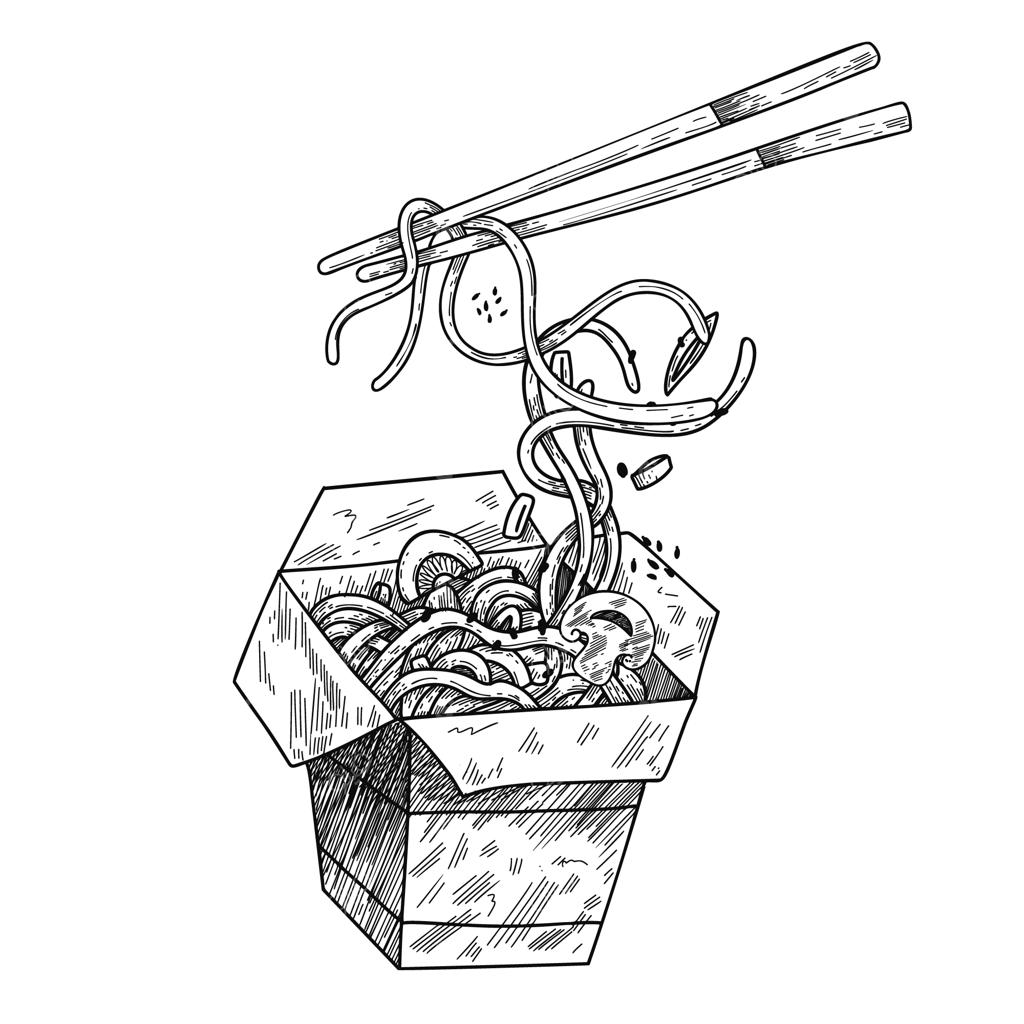 تصویر گرافیکی جعبه نودل چینی و چاپستیک‌ها