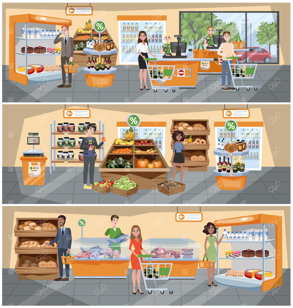 داخل سوپرمارکت؛ مردمی که با سبد در حال خرید هستند.