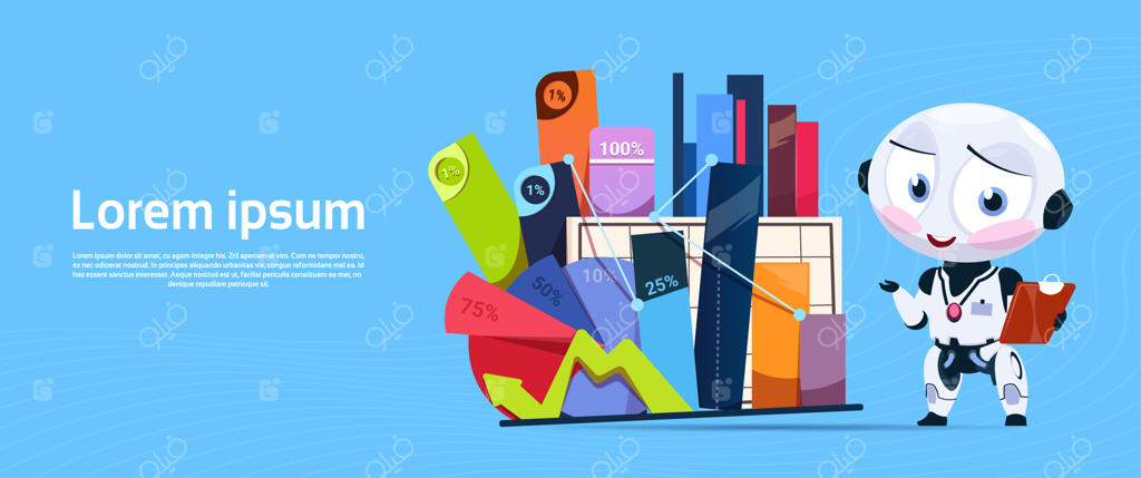 رباتی با جعبه‌ای از وسایل اداری، نمودارها و درصدها همراه با بنری برای نوشتن متن