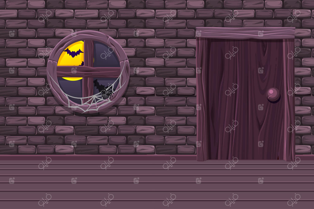 زیرزمین خانه بنفش، تصویرسازی داخلی با پنجره قدیمی، در و دیوار سنگی