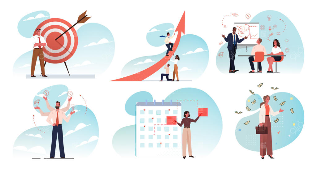 مفهوم مدیریت، برنامه‌ریزی و دستیابی به اهداف در کسب‌وکار. مجموعه‌ای از تصاویر تیم مدیران و کارمندان در جلسه برنامه‌ریزی استراتژی.