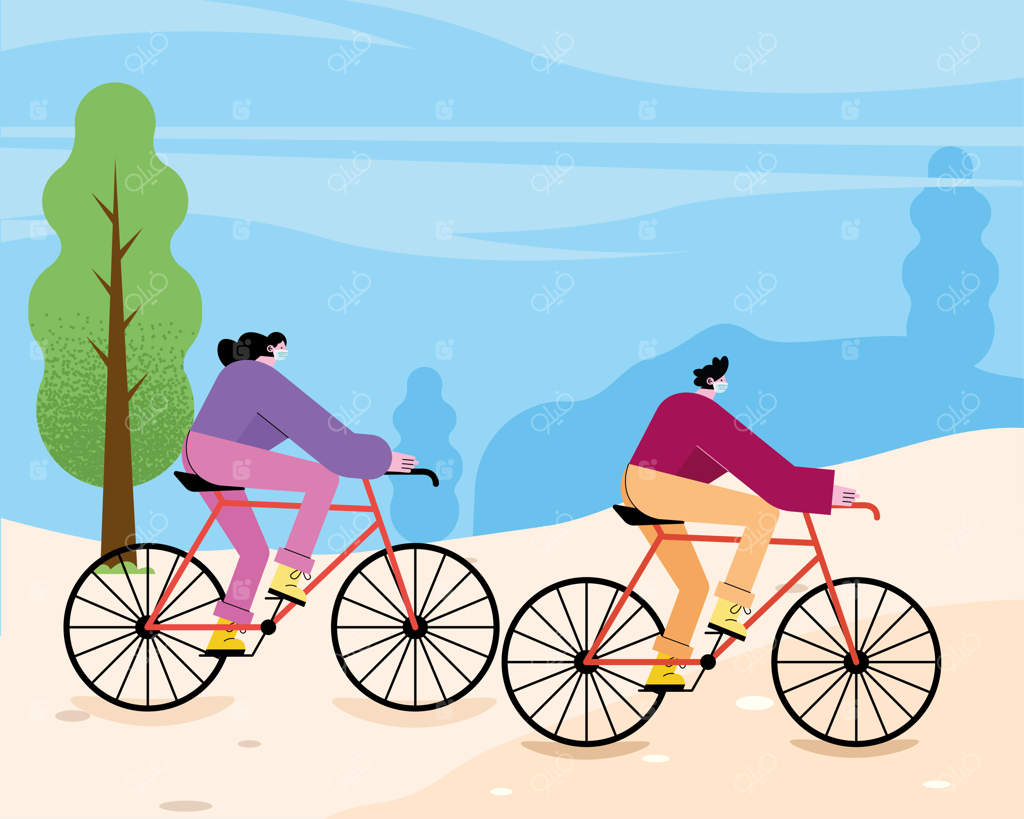 زن و مردی با ماسک در حال دوچرخه‌سواری