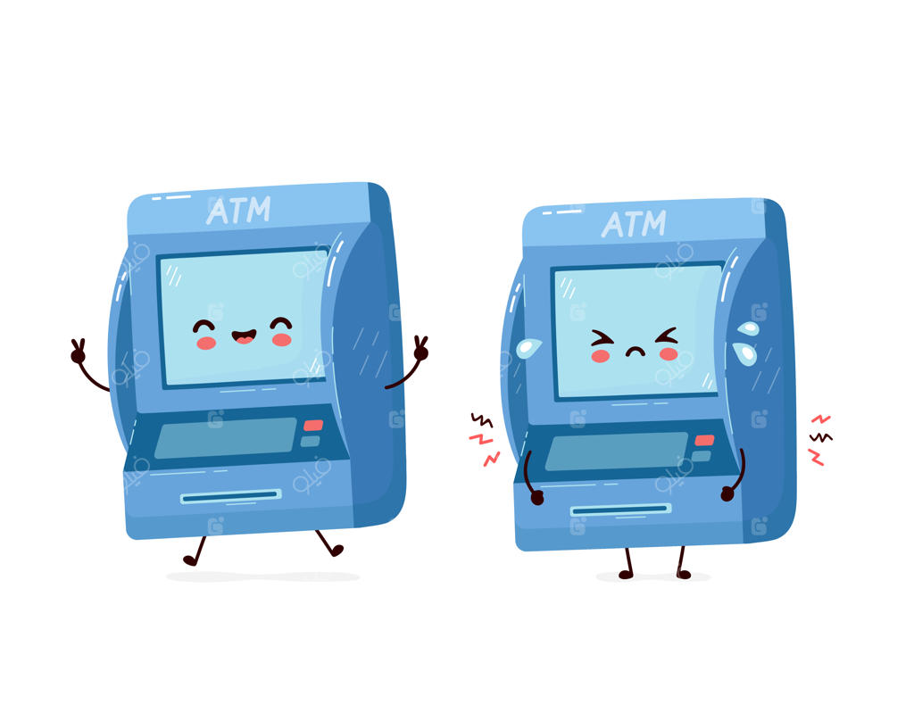 شخصیت کارتونی دستگاه خودپرداز خوشحال و غمگین در حال گریه - تصویر فلت و بامزه