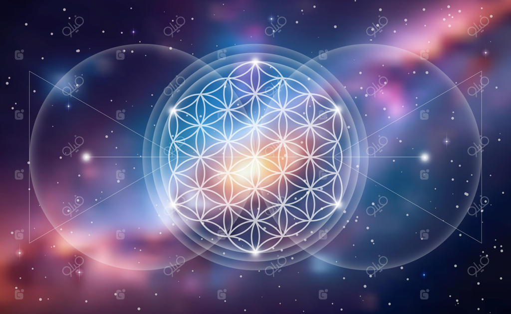 گل زندگی، یانترا ماندالا، بذر درخشان زندگی، هندسه مقدس، نماد هماهنگی و تعادل. دایره‌های اسرارآمیز در فضای بیکران، با پس‌زمینه‌ای از کهکشان‌های رنگارنگ و سحابی‌های شکوهمند