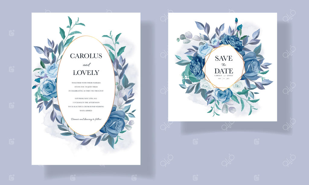 مجموعه طرح‌های دعوتنامه عروسی با تزئینات زیبای دسته‌گل آبی و حاشیه‌های دلنشین