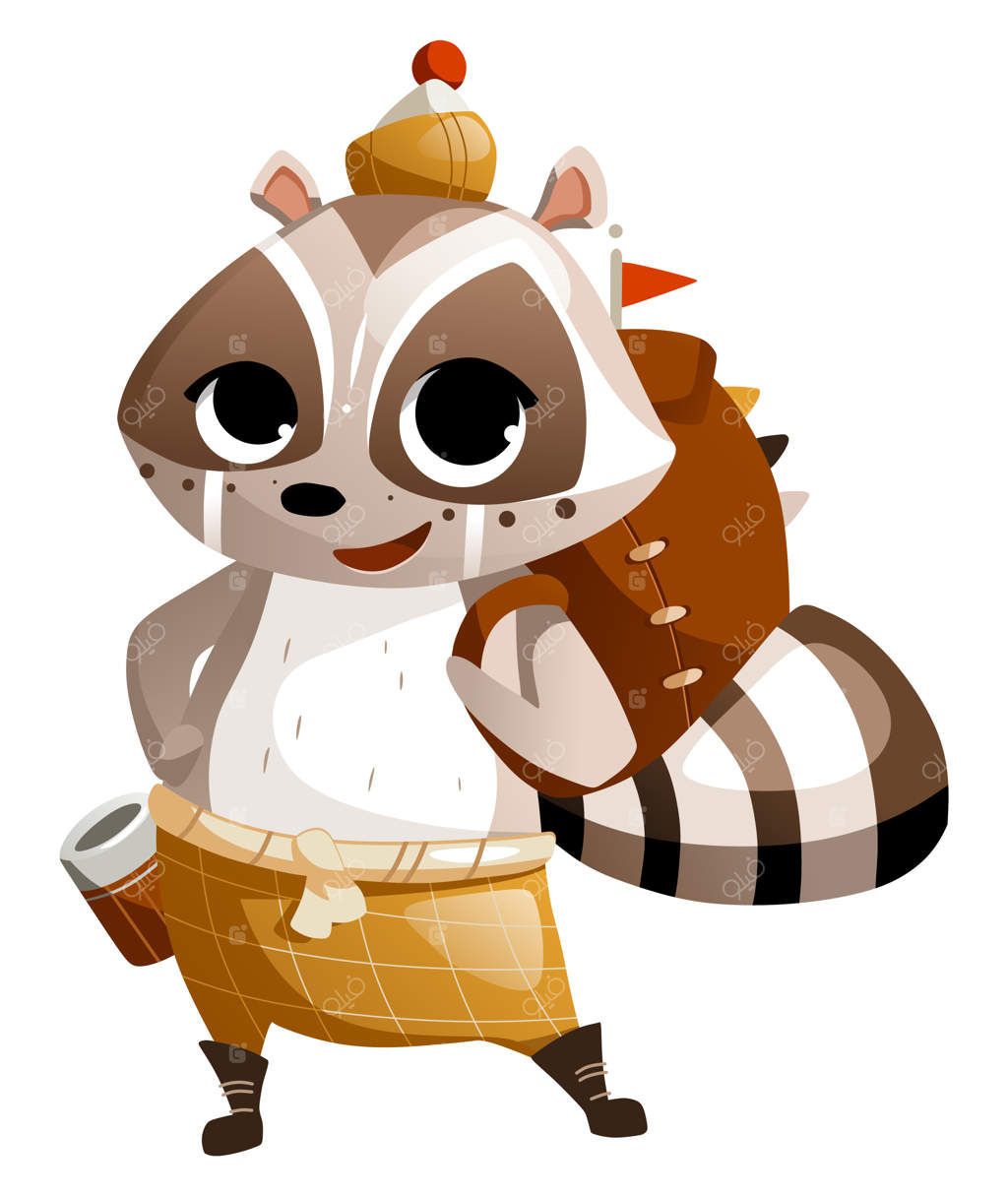 تصویری از یک راکون با یک کوله‌پشتی بزرگ گردشگری.