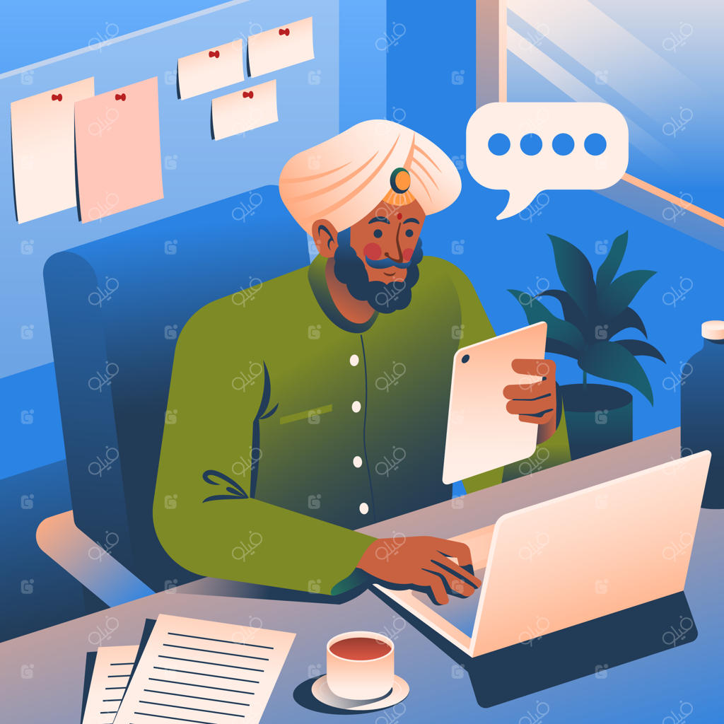 کاسب مشغول کار با لپ‌تاپ و تبلت