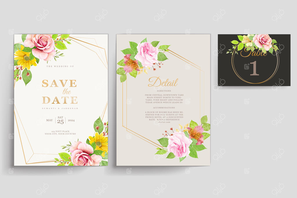 مجموعه کارت دعوت عروسی با طراحی دستی گل‌های رز زیبا