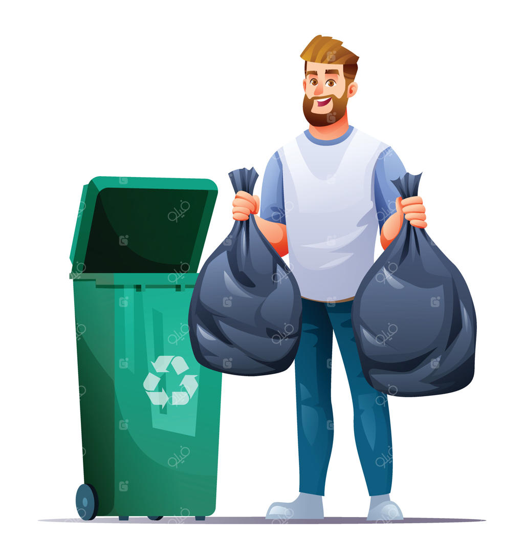 مردی با لباس راحتی، در حال نگه داشتن کیسه‌های زباله کنار سطل بازیافت، تصویر کارتونی