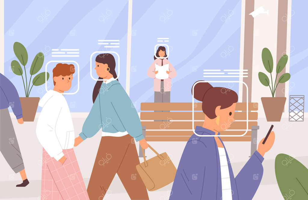 فناوری دیجیتال تشخیص چهره: سیستم بیومتریک برای شناسایی و اسکن چهره افراد در جمعیت. نظارت و پایش شهری. مفهوم رصد و کنترل ویدئویی. تصویرسازی برداری.