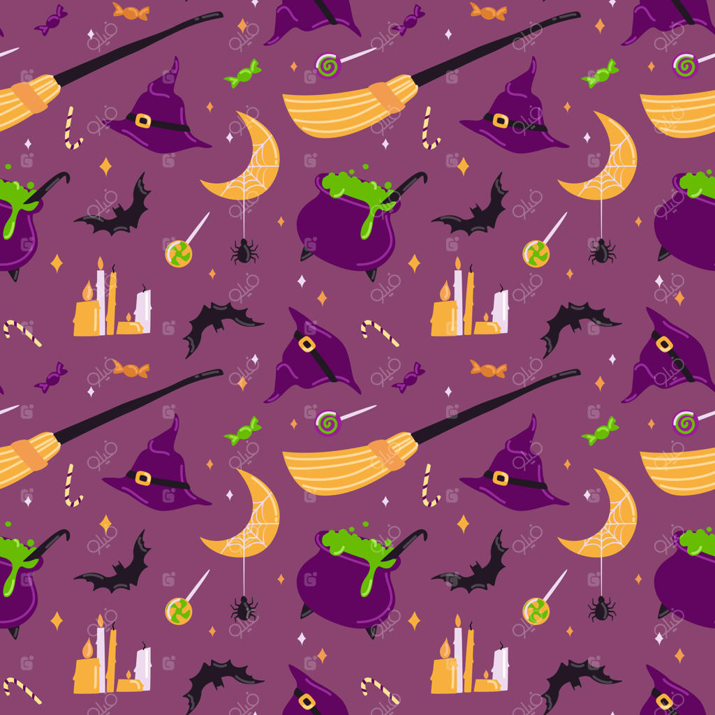 پترن یکپارچه هالووین با عناصر جذاب و اسرارآمیز - تصویرسازی دستی برای طراحی پارچه و کاغذ کادو