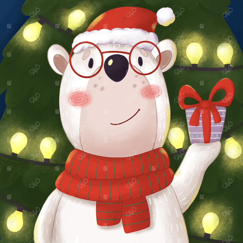 تصویری از یک خرس قطبی کارتونی با هدیه در کنار درخت کریسمس