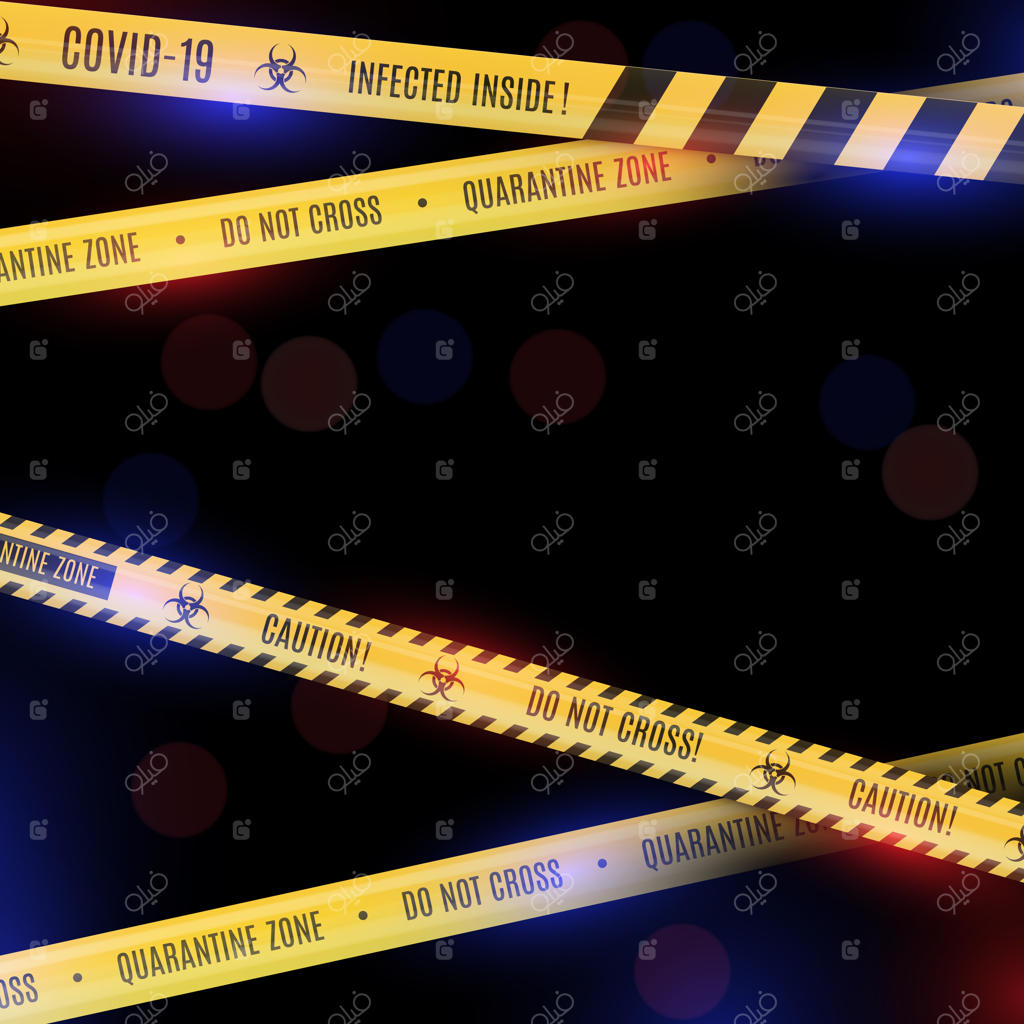 پس‌زمینه‌ی اسرارآمیز بوکه با نوارهای زرد هشداردهنده درباره خطرات ویروس کرونا و قرنطینه.