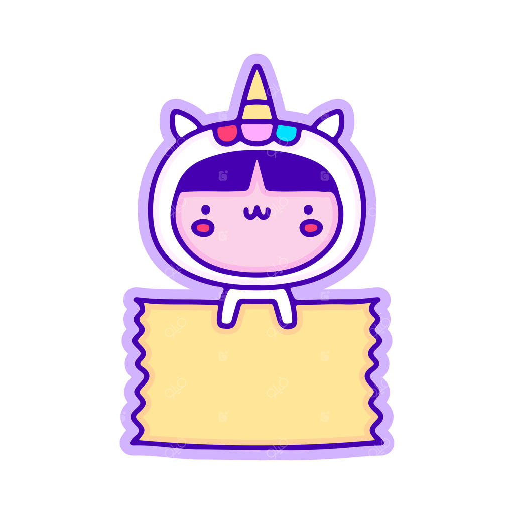 بچه بامزه در لباس تک‌شاخ با برگه خالی، طراحی برای تیشرت و برچسب.