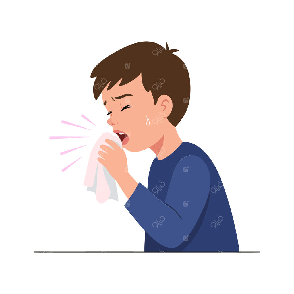 پسر بچه‌ای با موهای قهوه‌ای که در حال عطسه کردن در دستمال است و نشانه‌های ناراحتی را نشان می‌دهد، در یک تصویر برداری تخت