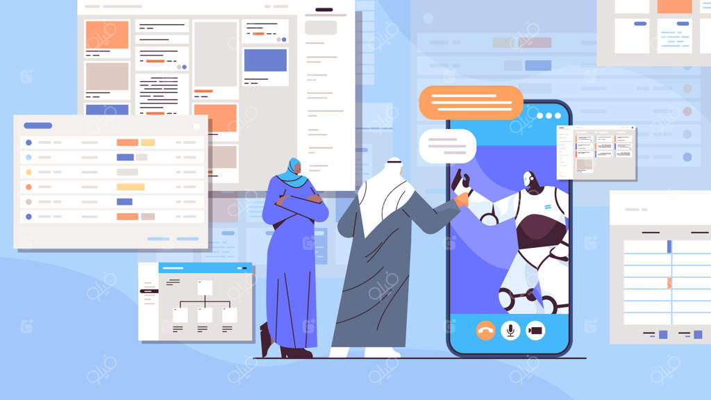 بحث تاجران عرب با ربات روی صفحه نمایش گوشی هوشمند در حین تماس ویدیویی آنلاین