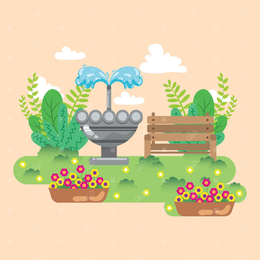 تصویر وکتور: باغچه‌ی پارک زیبا با آب‌نما و گل‌ها