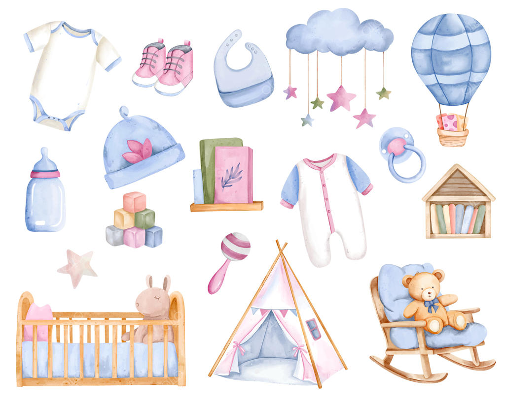 لوازم و اسباب بازی‌های کودک با آبرنگ. ست نقاشی دستی اتاق نوزاد با رنگ‌های پاستلی. وسایل برای نوزادان