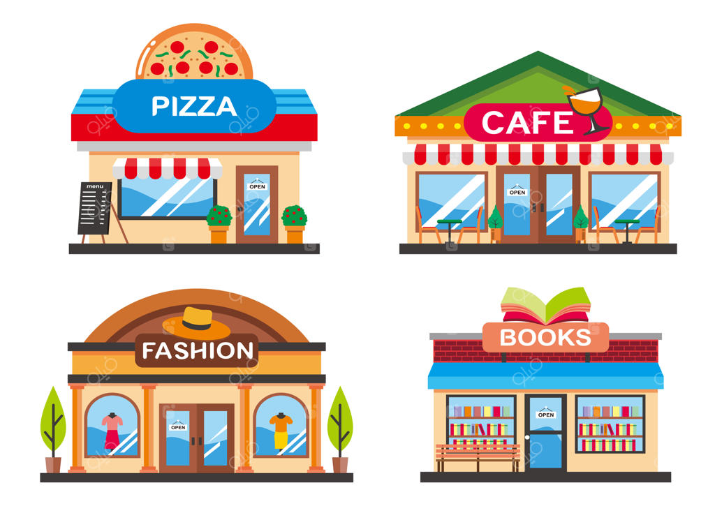 مجموعه‌ای از فروشگاه‌های مختلف بر روی زمینه سفید