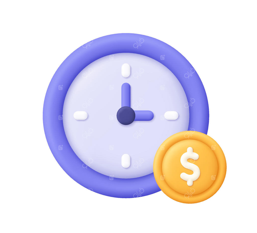 ساعت و سکه با علامت دلار. مفهوم مالی و کسب‌وکار. زمان پول است، یادآور زمان مالیات، پول سریع. آیکون سه‌بعدی. سبک کارتونی ساده.
