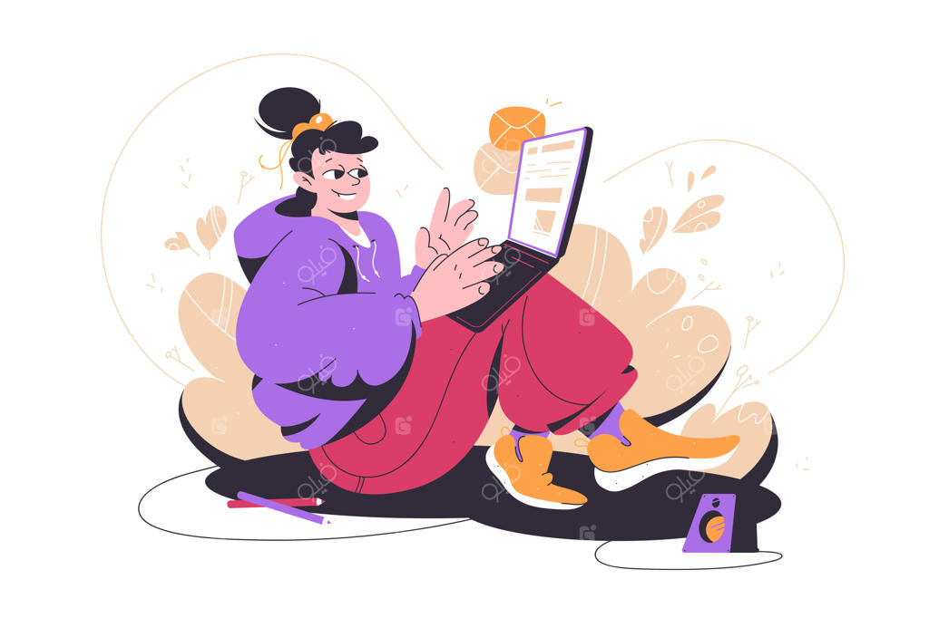 تصویر دختر زیبا در حال نوشتن ایمیل با لپ‌تاپ (برداشت وکتور)