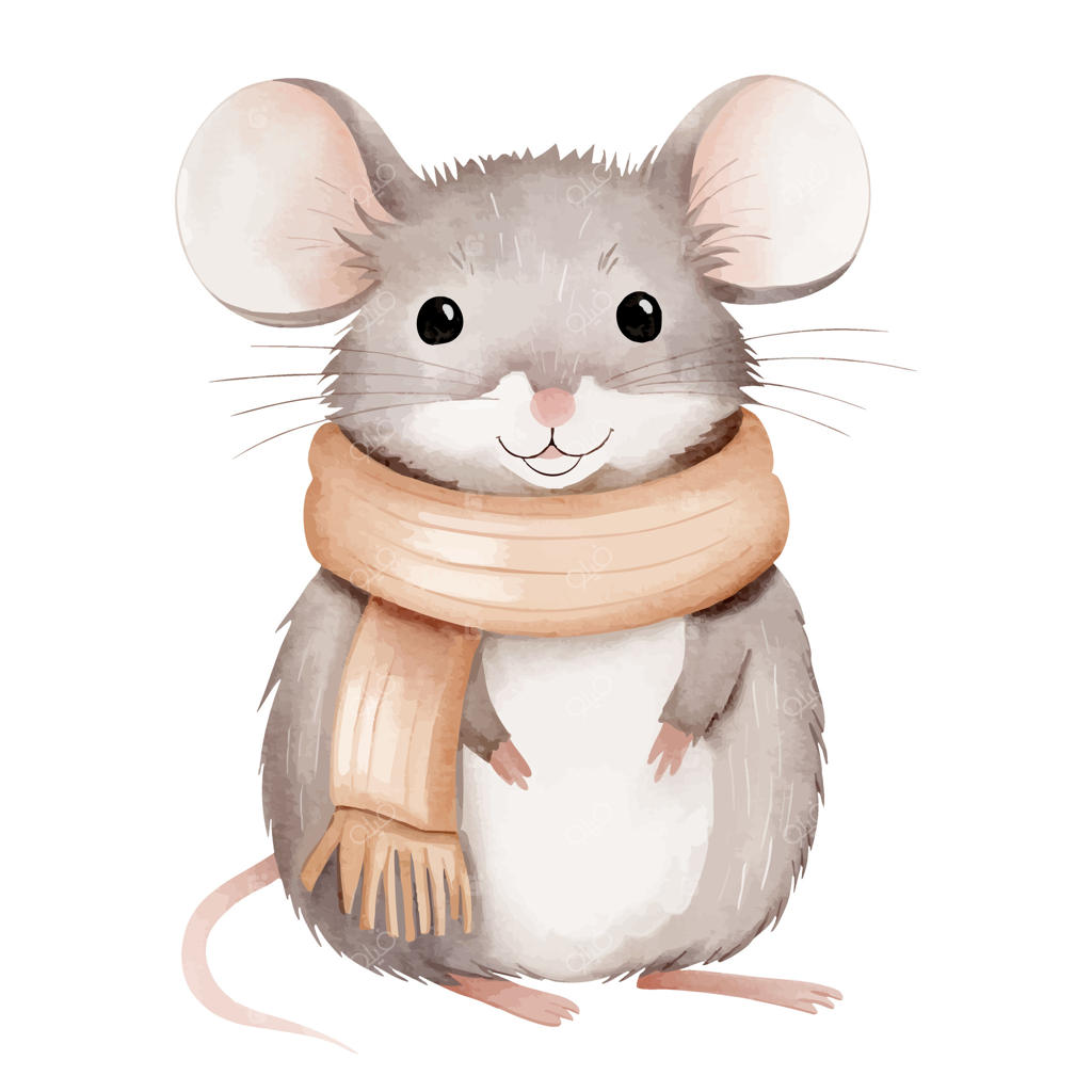 موش آبرنگی با شال گردن گرم - تصویر نقاشی شده روی پس‌زمینه سفید